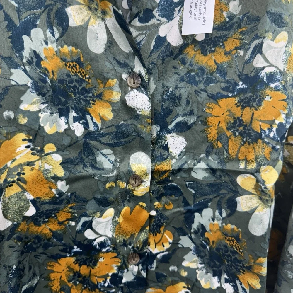 D&Co Denim & Co Size L Shirt Blouse Floral Long Sleeve TieGreen Blue Gold Flowy - Picture 6 of 9